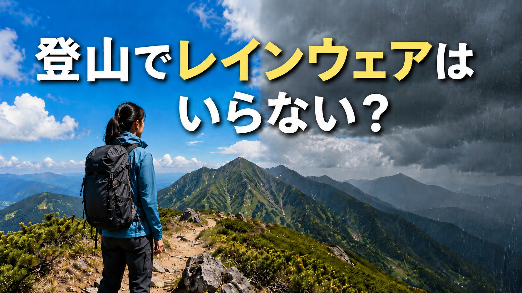 山の稜線で晴天と雨雲の境目を見つめる女性登山者