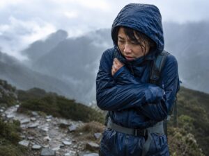 雨の山道で濡れと寒さに備えるフード付きレインウェアの登山者