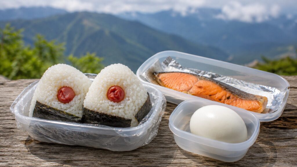 梅おにぎり、焼き鮭、固ゆで卵を組み合わせた日帰り登山向け定番弁当