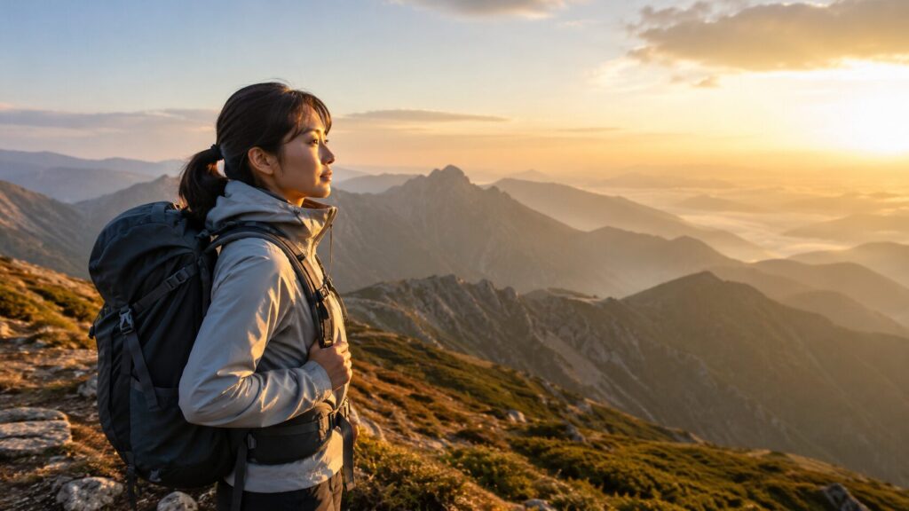 朝焼けの山並みを見つめる女性ハイカーと登山にハマる人の性