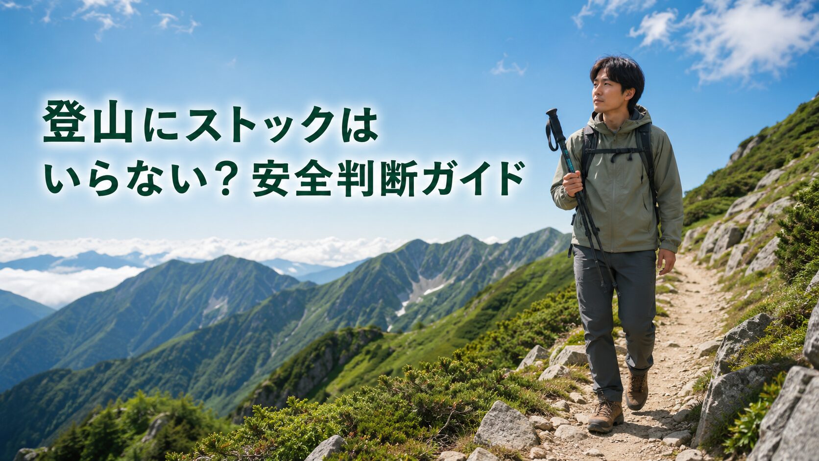 山並みを背景に登山道を歩く日本人ハイカー