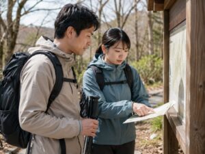 登山口で地図を確認しながらストックの必要性を考える日本人ハイカー