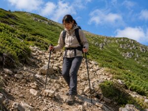 下山時に2本のストックを使って安定して歩く日本人女性ハイカー