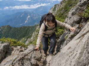 岩場や鎖場でストックを収納し両手を使って登る日本人女性ハイカー