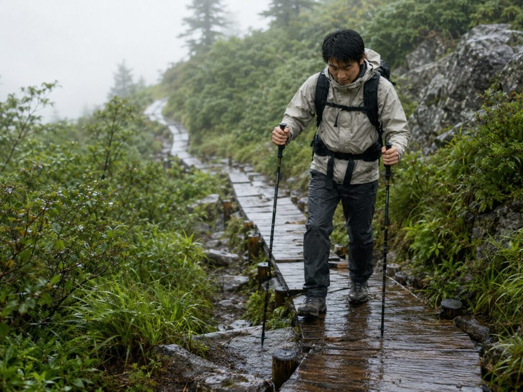 雨で濡れた木道をストックを使って慎重に歩く日本人ハイカー