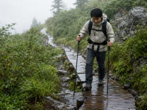 雨で濡れた木道をストックを使って慎重に歩く日本人ハイカー