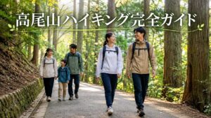 高尾山の舗装された森の道を歩く初心者向けハイキングの様子。高尾山ハイキングガイドとタイトル表示