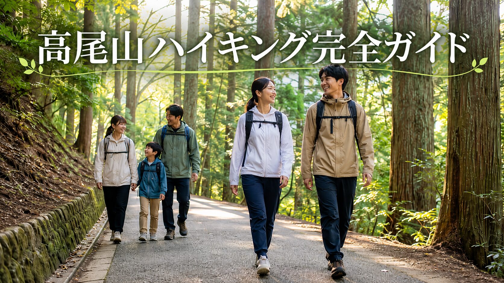 高尾山の舗装された森の道を歩く初心者向けハイキングの様子。高尾山ハイキングガイドとタイトル表示