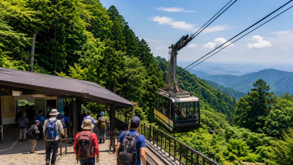 高尾山の緑豊かな山腹を走るケーブルカーと登山客
