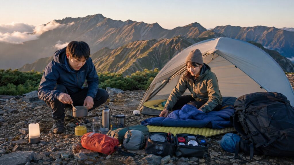 日本人ハイカーが山岳テント場でテント泊装備を準備する様子