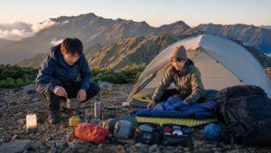 日本人ハイカーが山岳テント場でテント泊装備を準備する様子