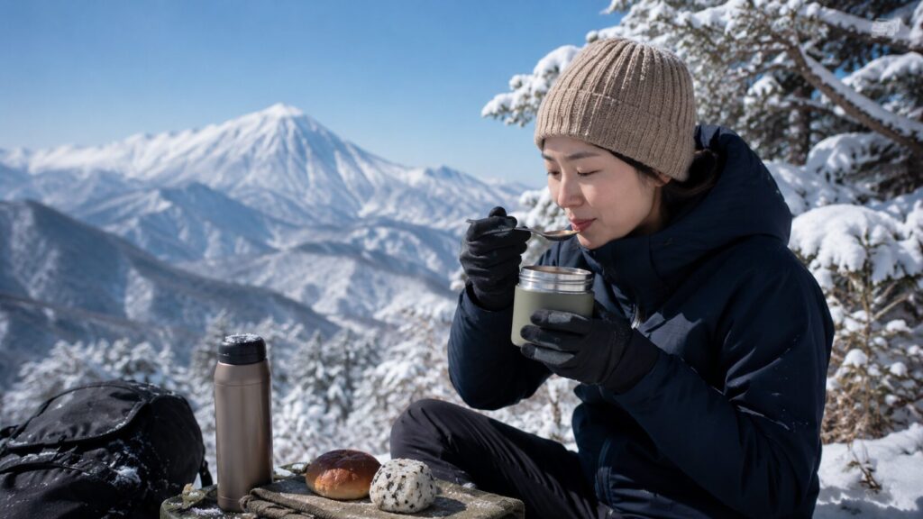 日本人女性ハイカーが雪山でスープジャーと温かい飲み物を楽しむ冬山登山弁当