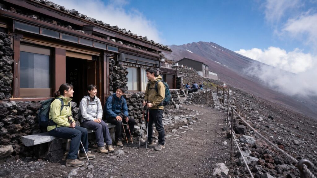 富士山の山小屋前で休憩する初心者向け吉田ルートの登山者