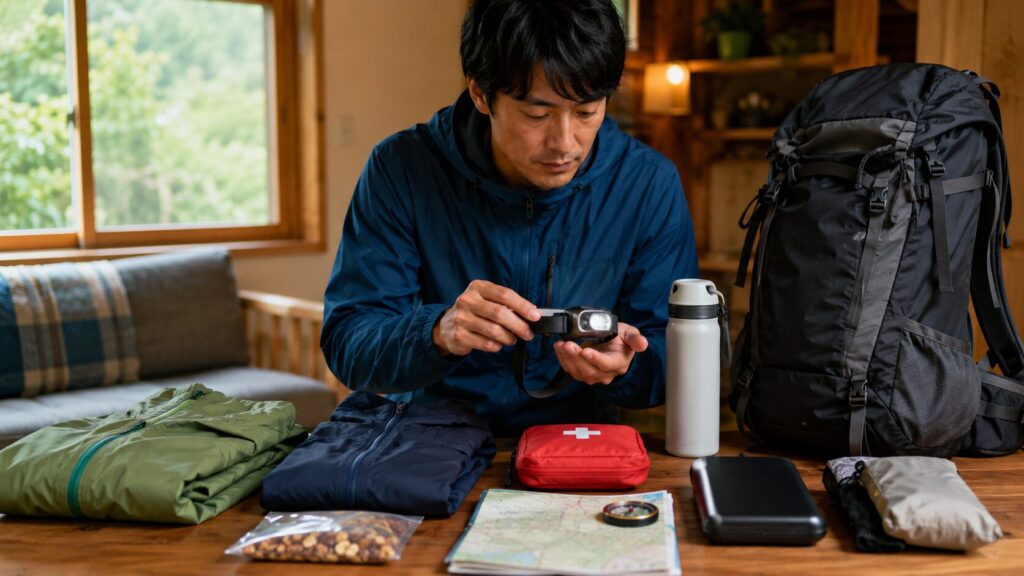 日本人男性が出発前にヘッドランプや救急セットなど登山装備を確認する様子