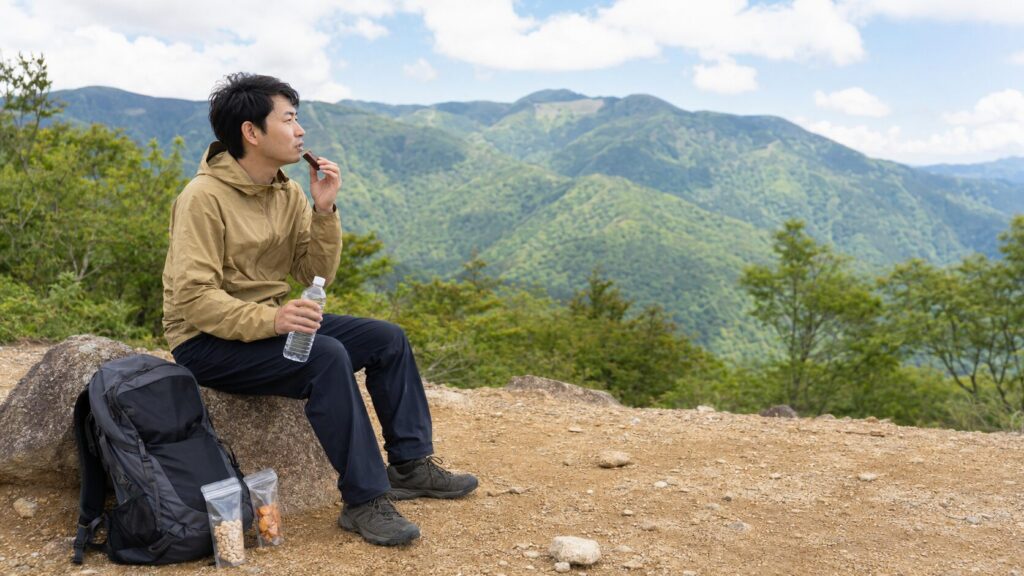 登山中に安全な休憩場所で行動食と水分を補給する日本人登山者
