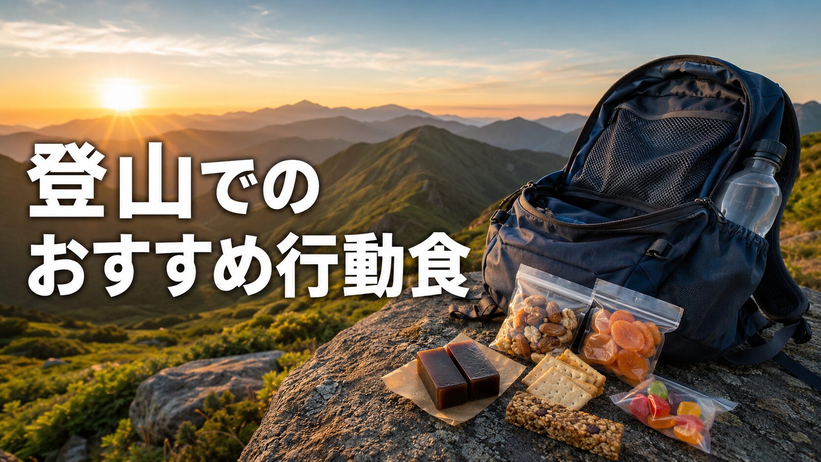 朝焼けの山を背景に、羊羹やナッツなど登山でのおすすめ行動食を並べたアイキャッチ画像