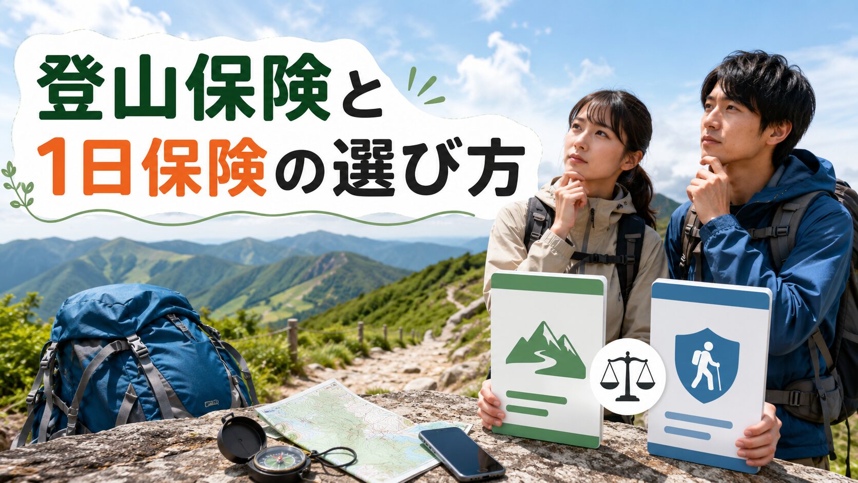 登山保険と1日保険の選び方を比較する日本人登山者と登山装備