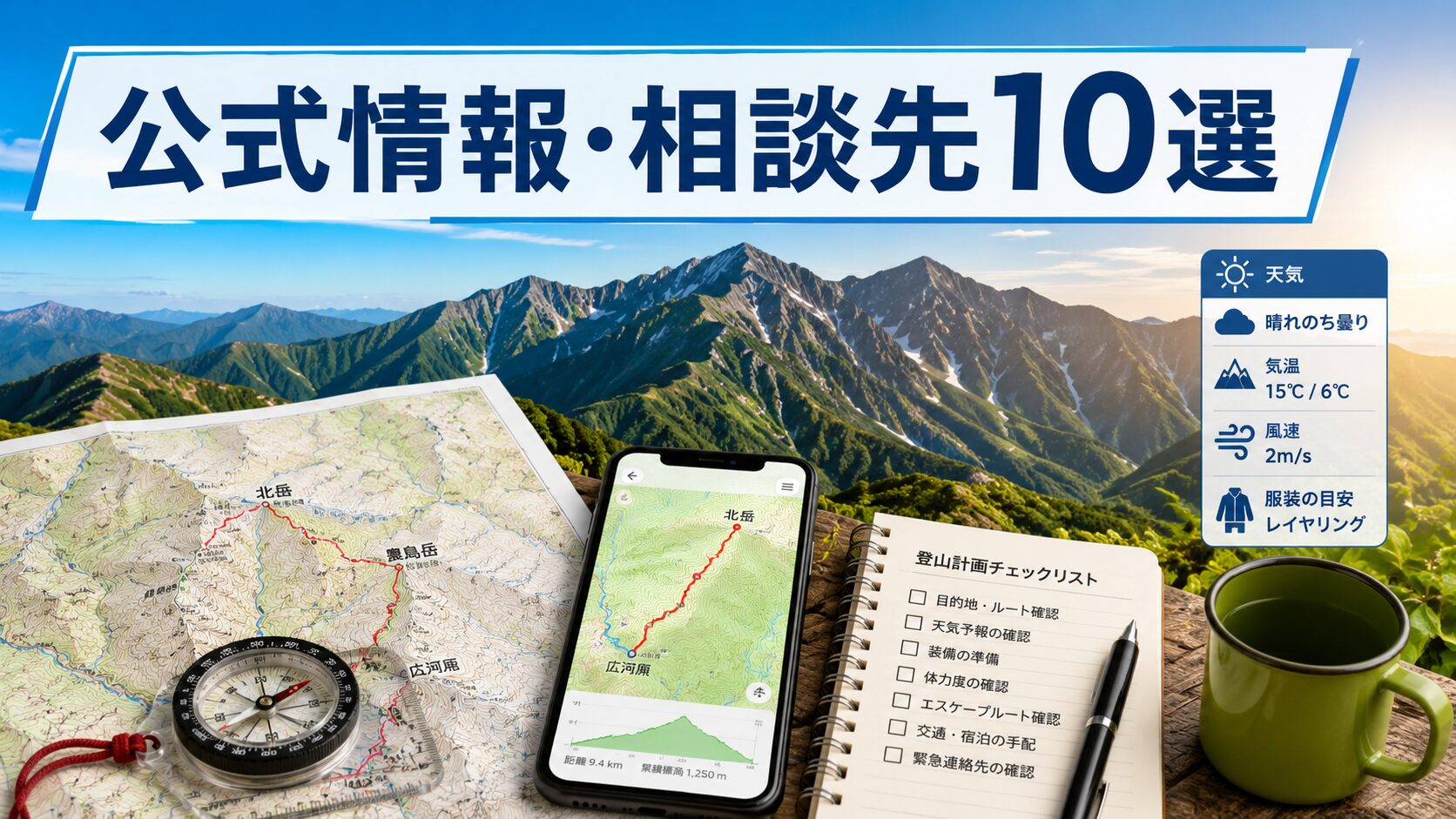 登山初心者向けの公式情報・相談先10選と地図、天気、登山計画を示すアイキャッチ画像