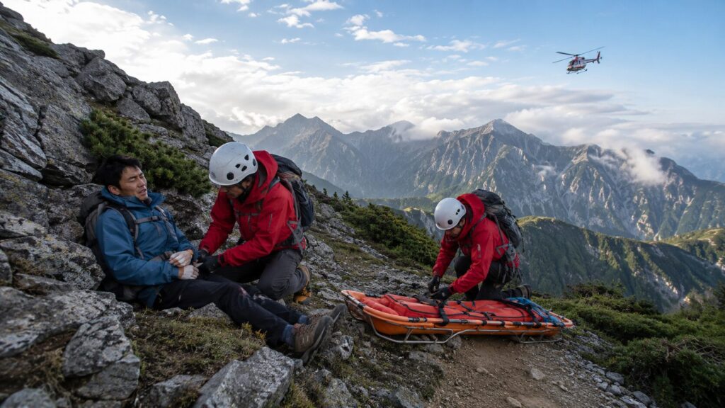 岩場で負傷した登山者を救助隊とヘリコプターが救援する山岳救助現場