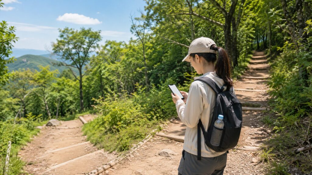 低山の登山道分岐でスマートフォンを確認する日本人女性ハイカー