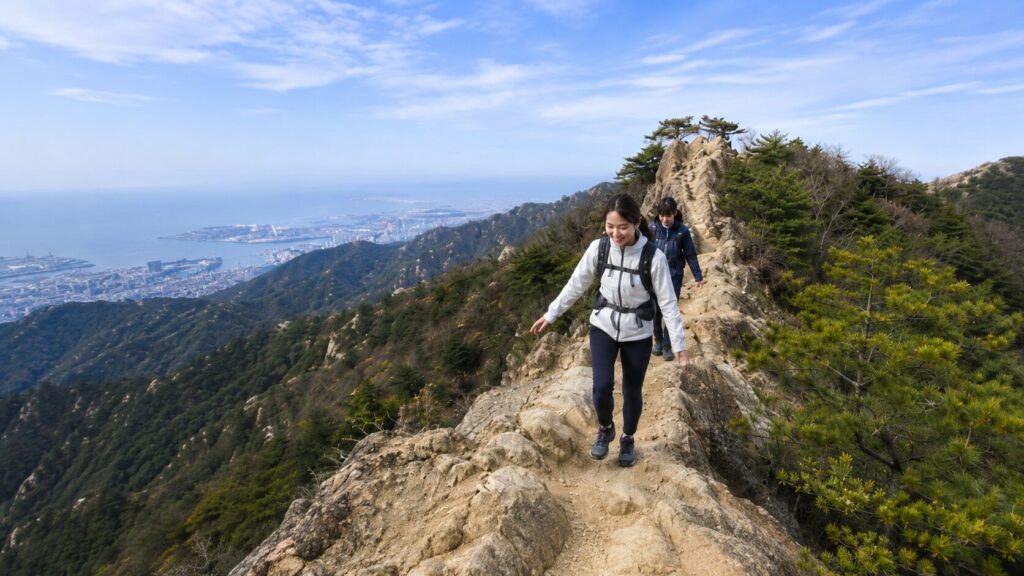 神戸の街と海を望む須磨アルプスの細い岩稜を歩くハイカー