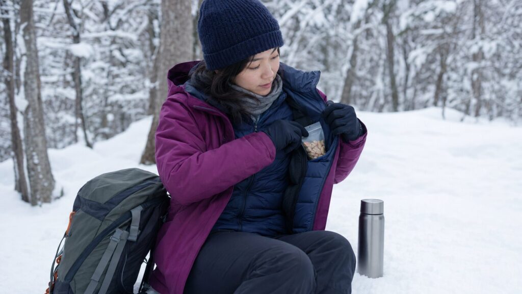 冬山で行動食を凍らせないよう内ポケットに入れる日本人登山者