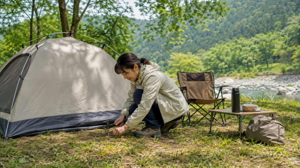 デイキャンプで一人用テントの設営を練習する日本人女性