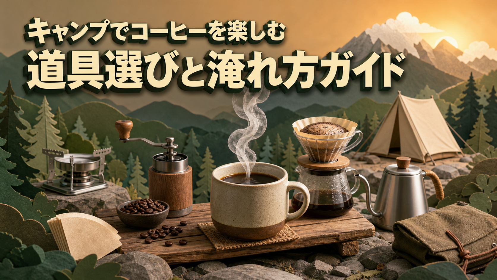 キャンプでコーヒーを楽しむ道具選びと淹れ方ガイドの立体的なアイキャッチ