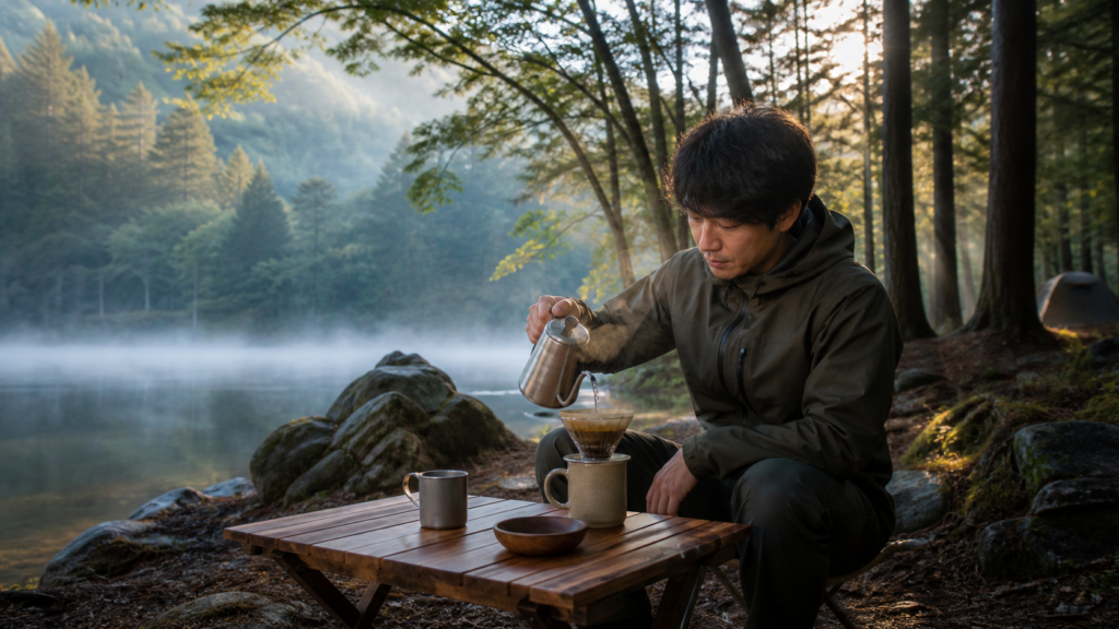 朝霧の湖畔キャンプで日本人男性がペーパードリップコーヒーを淹れる様子