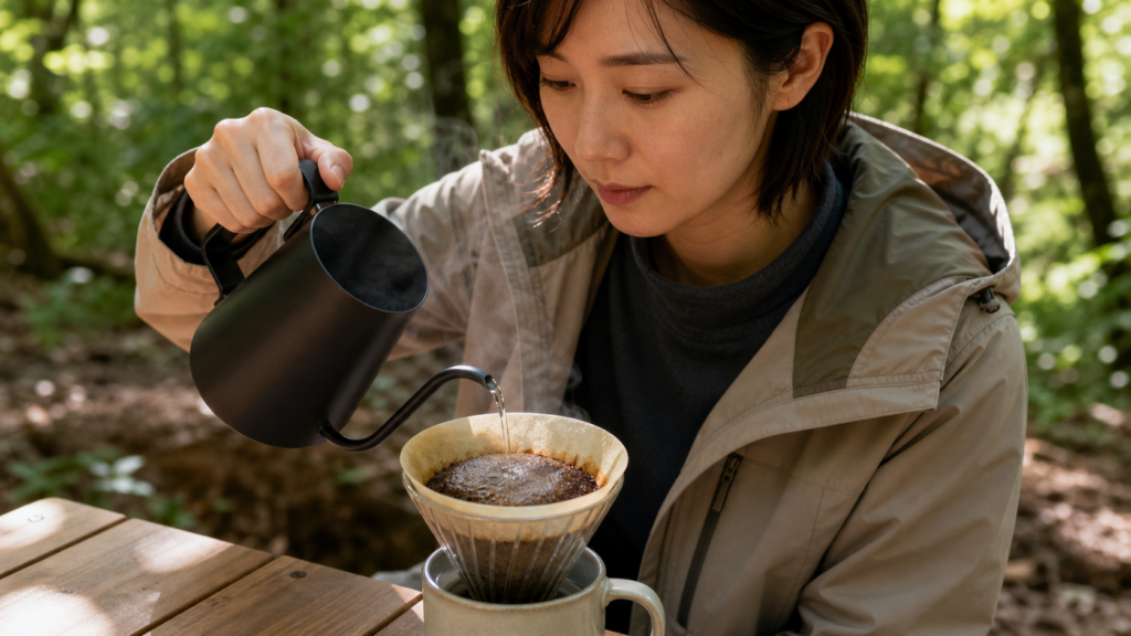 森林キャンプで日本人女性が蒸らしたコーヒー粉へ細くお湯を注ぐ様子