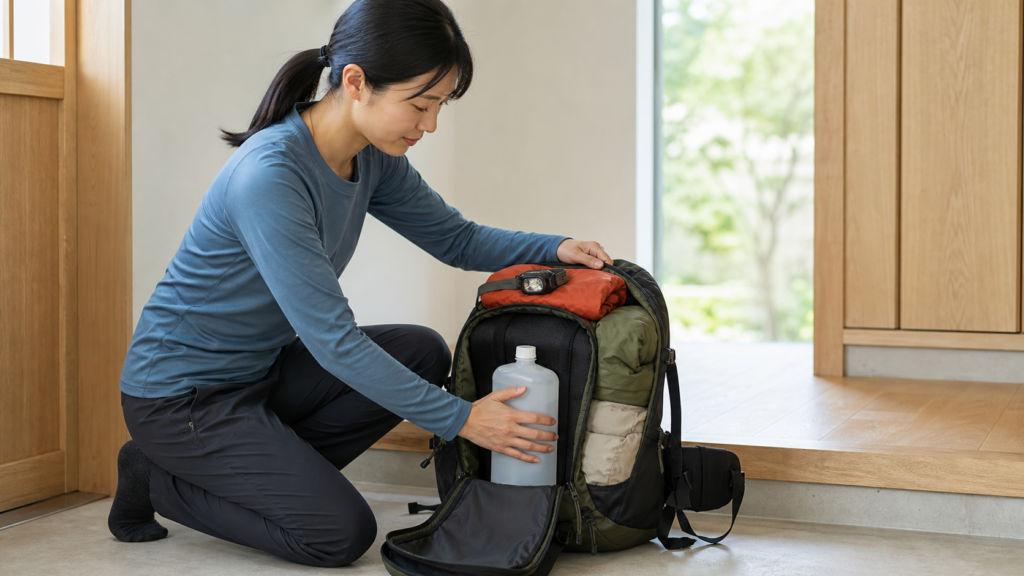 日本人女性が日帰り登山用ザックの背中側に水を収納するパッキング例