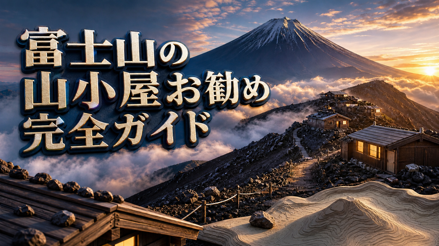 朝焼けの富士山と登山道沿いの山小屋を立体的に描いた山小屋お勧め完全ガイドのアイキャッチ
