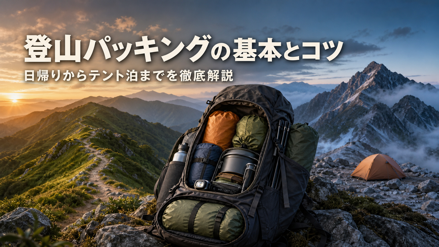 日帰りの稜線とテント泊の山岳風景を背景に、登山装備を詰めたザックを描いた登山パッキング解説のアイキャッチ