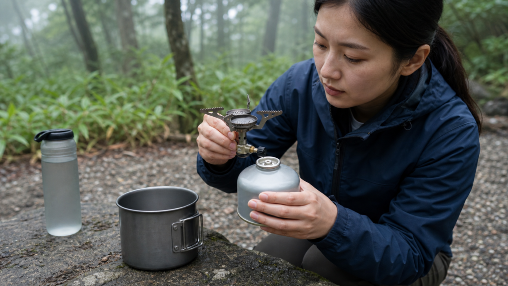 点火前に登山バーナーとOD缶の接続部を確認する日本人女性