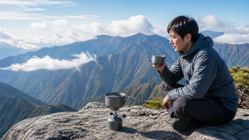 山頂で一体型登山バーナーを使い温かい飲み物を楽しむ日本人登山者