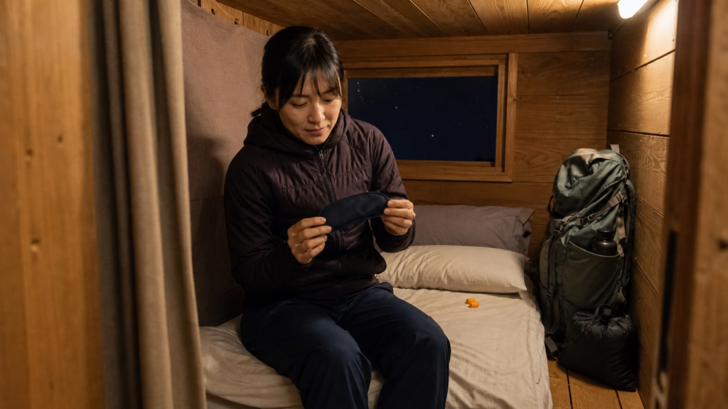 富士山の山小屋の簡素な個室でアイマスクを準備する日本人女性登山者