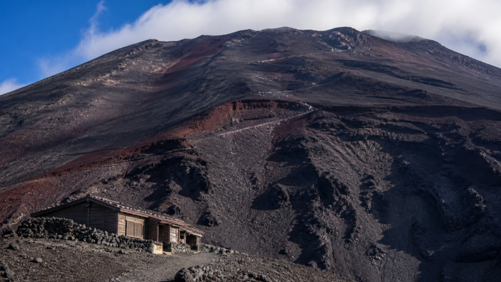 富士山の七合目と八合目付近に点在する山小屋と山頂へ続く登山道