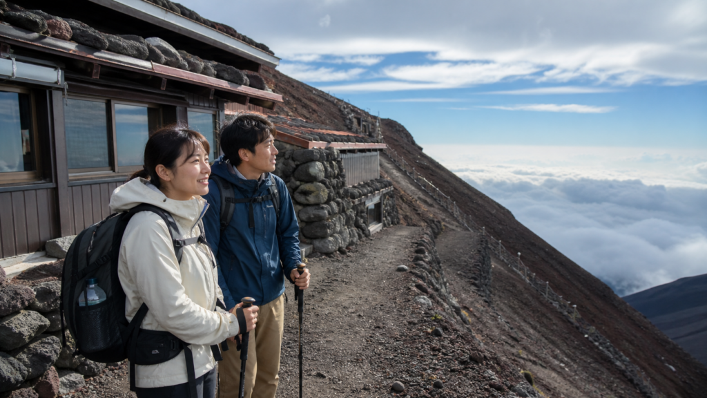 富士山七合目の山小屋に明るいうちに到着した日本人登山者