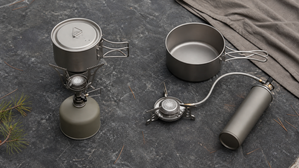 OD缶の一体型とCB缶の分離型を並べた登山バーナーの比較