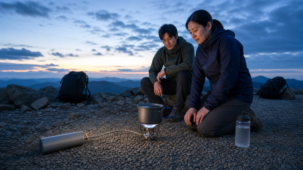 燃料缶を炎から離し分離型登山バーナーの燃焼を見守る日本人登山者