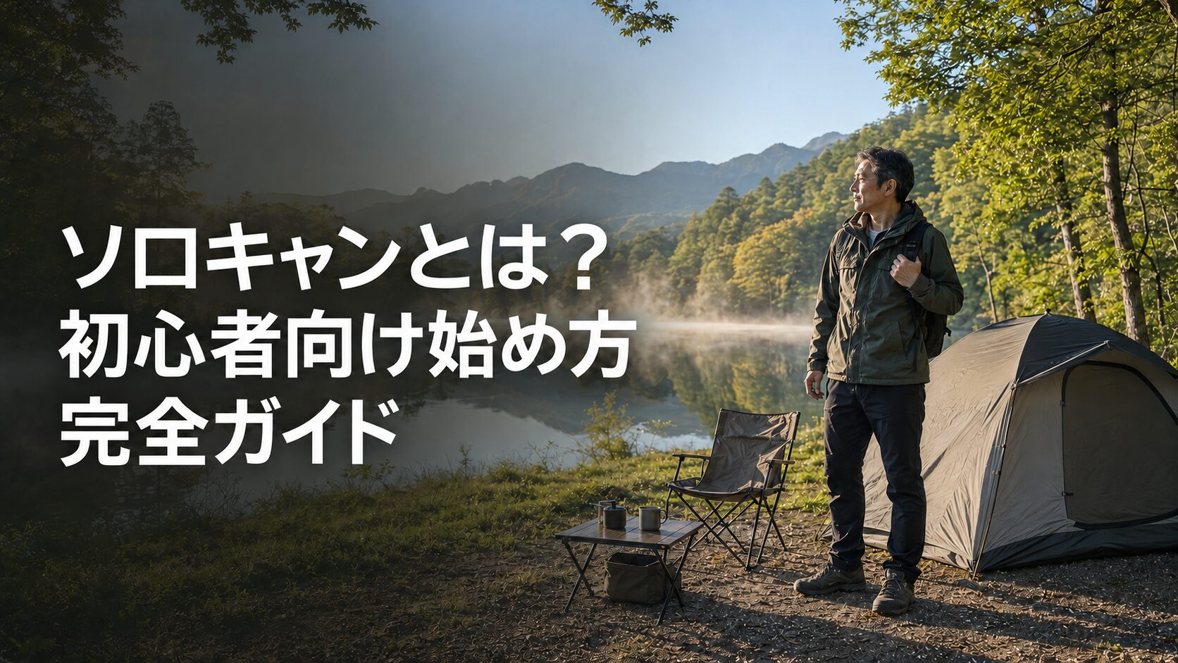 湖畔のキャンプ場で初心者向けソロキャンを楽しむ日本人男性とテント
