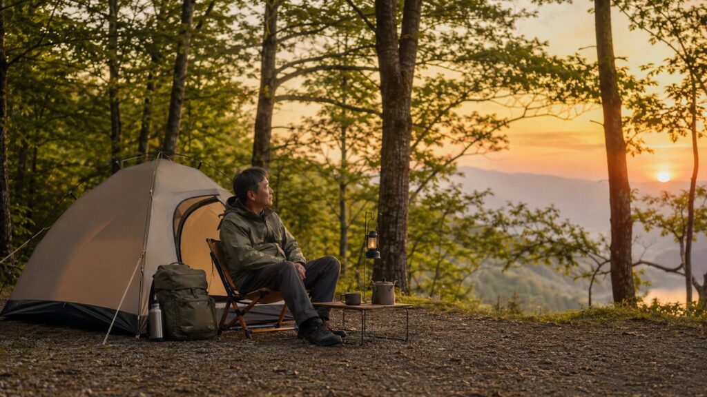 夕暮れの森林キャンプ場で一人の時間を楽しむ日本人ソロキャンパー