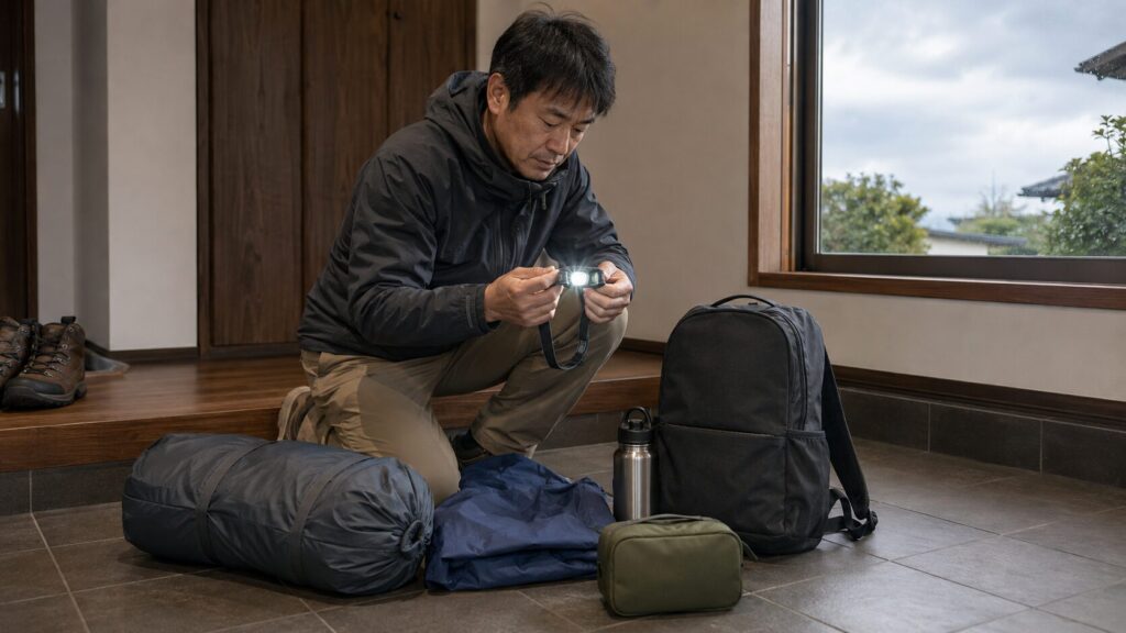 ソロキャンへ出発する前にヘッドランプと装備を確認する日本人男性