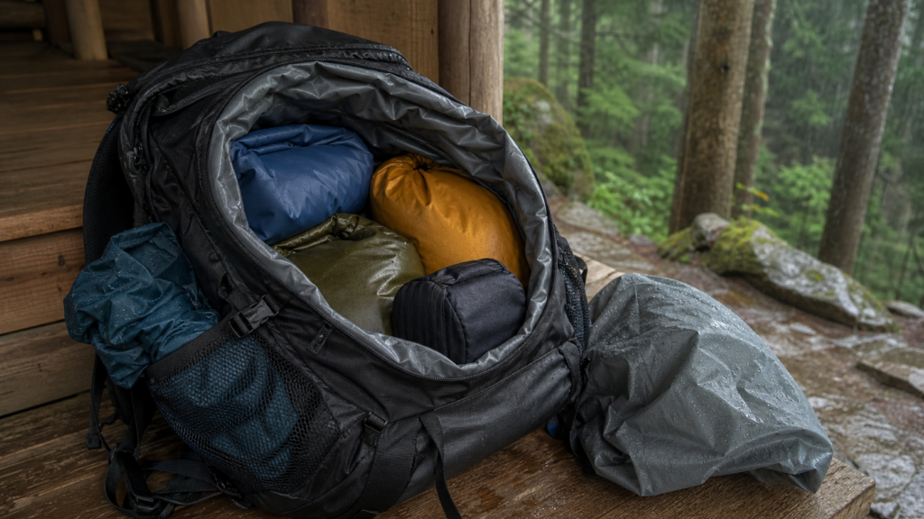 雨天の山でザック内袋と防水バッグを使い、濡れた雨具を分けたパッキング例